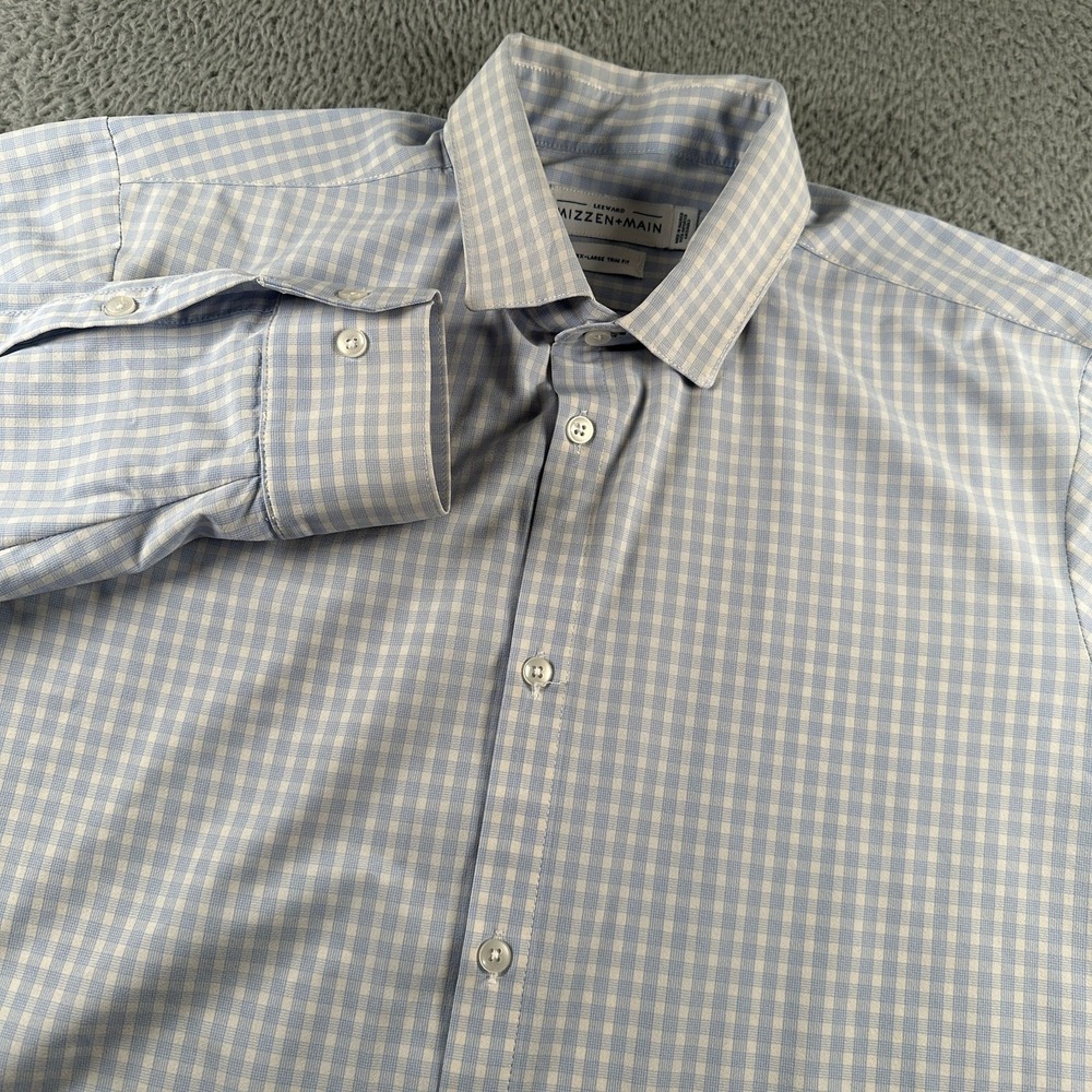 Mizzen+Main Dress Shirt Mens 2XL Trim Fit Light Blue Gingham Long Sleeve Stretch